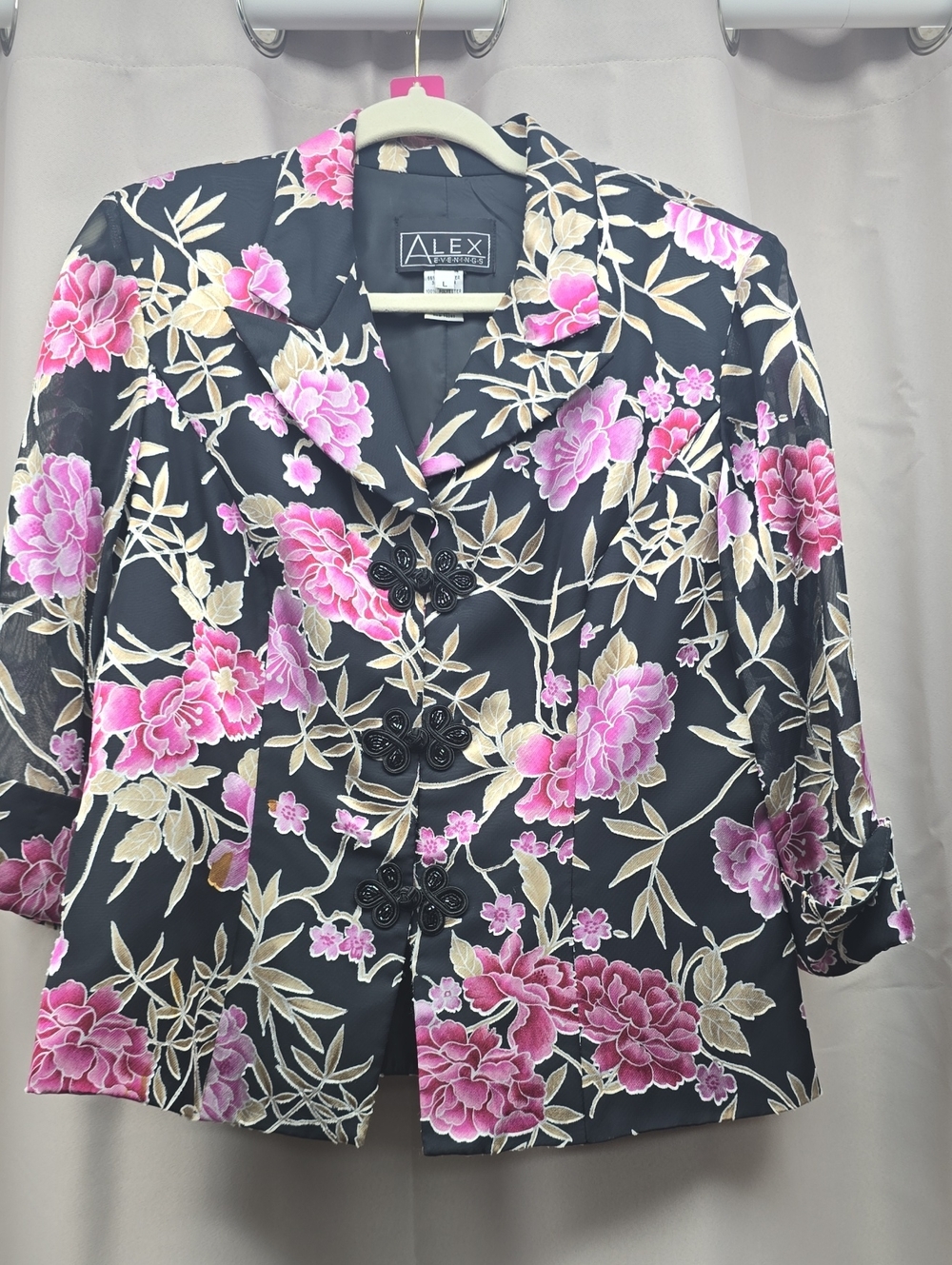 Alex Evenings Vibtage Floral Black and Pink Satin Jacket